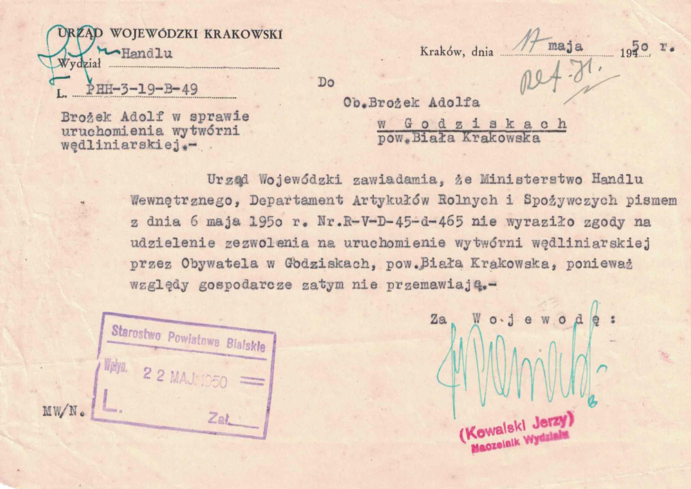 Odmowa rejestracji masarni, 1950
