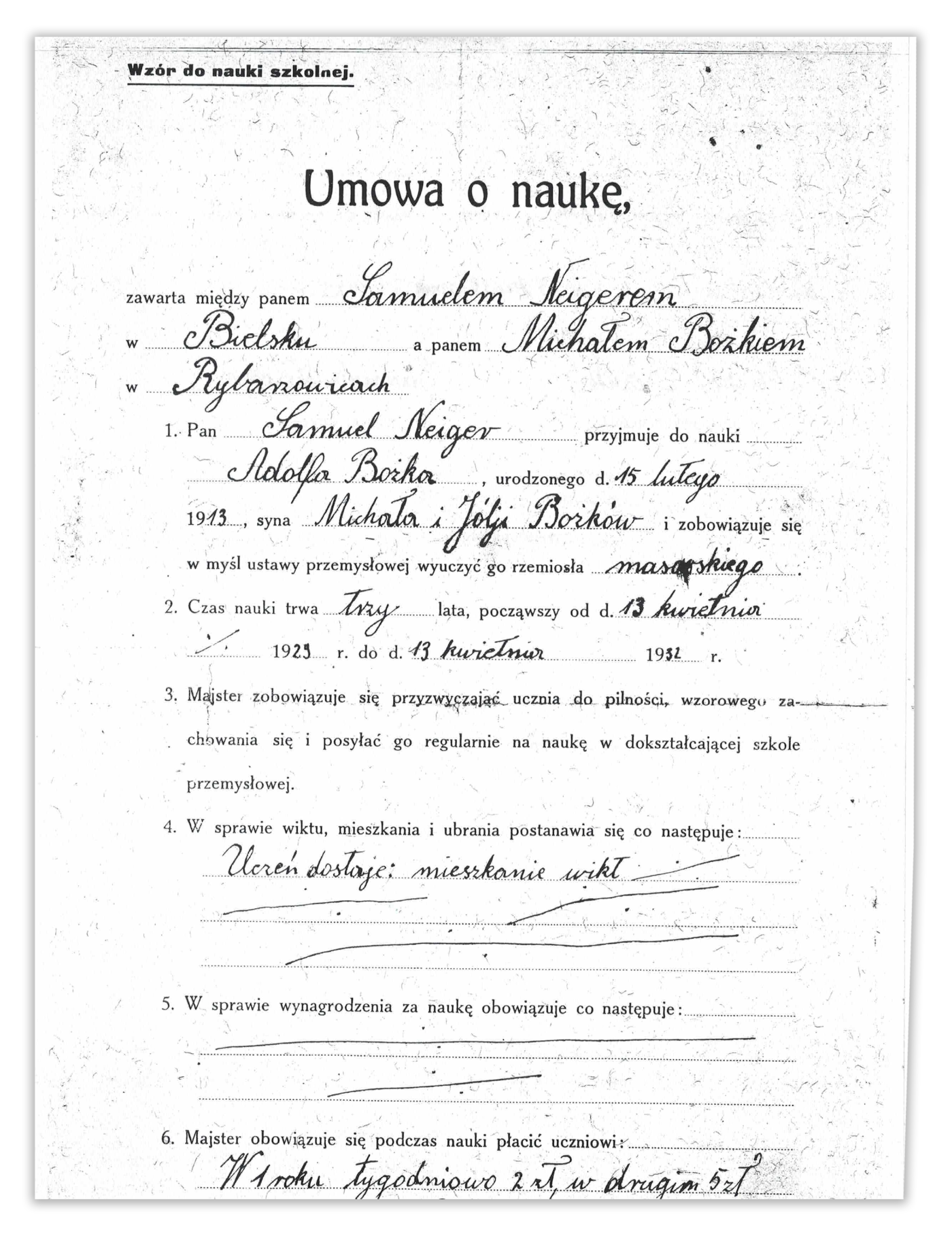 Umowa o naukę — Adolf Bożek, 1928