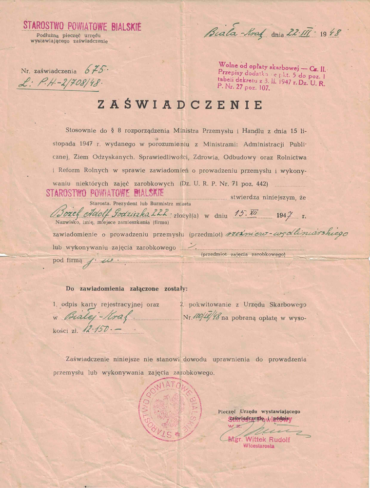 Zaświadczenie o prowadzeniu przemysłu, 1948